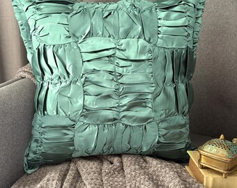 Teal Blue Satin, Ruched Textured Solid Pattern, Contemporary Throw Pillow Cover / Euro Sham - Dreamy Teal