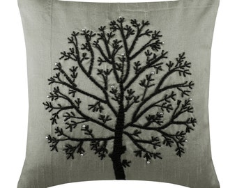 Designer Silver Sofa Pillow 16"x16", Art Silk Throw Pillow Cover Custom Tree Throw Pillow Custom Nature Floral - Silver Tree Of Life