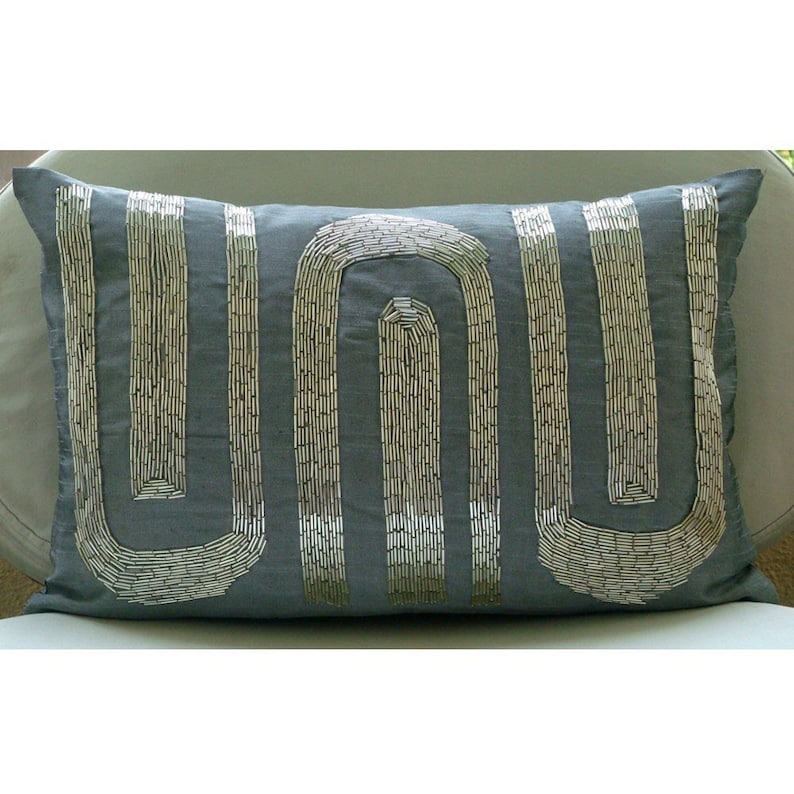 Decorative Oblong / Lumbar Rectangle Throw Pillow Covers Couch Sofa 12x16 Blue Gray Silk Pillows Pipe Embroidered Silver Turns image 7