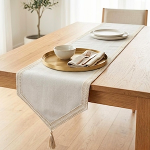 Ivory Grey Textured Jute Linen, Chevron Pattern with Lace, Modern Table Runner - Eleganza