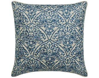 Decorative Throw Pillow Cover 16x16 Inch Blue Linen Floral Embroidered Fabric Quilted Pillow/Couch Cushion Bedroom Modern Home Decor-Farzeen