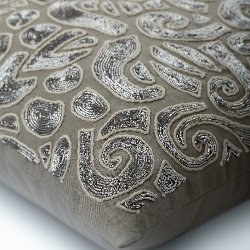 24x24 Cotton Linen Pillow Sham Covers Square Zardozi Abstract Sparkly Glitter Pillows Cover Taupe Pillows Cover Taupe Carnival