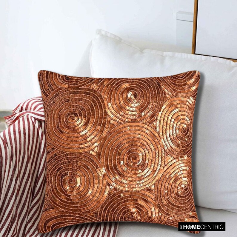16x16 Designer Copper Throw Cushion Cover, Art Silk Couch Cushion Cover Illusion Throw Pillow Cover Circles Dots Modern Copper Swirls image 4