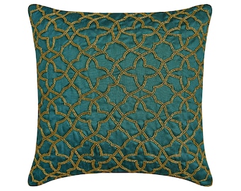 Decorative Lattice, Trellis Throw Pillow 16"x16", Art Silk Pillow for Sofa Teal Blue Throw Pillow Cover Geometric Modern - Teal Geometry