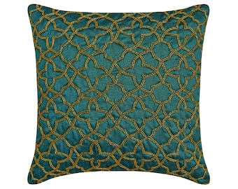 Almofada decorativa em treliça, 16" x 16", almofada de seda artística para sofá, capa de almofada azul-petróleo geométrica moderna - Geometria azul-petróleo