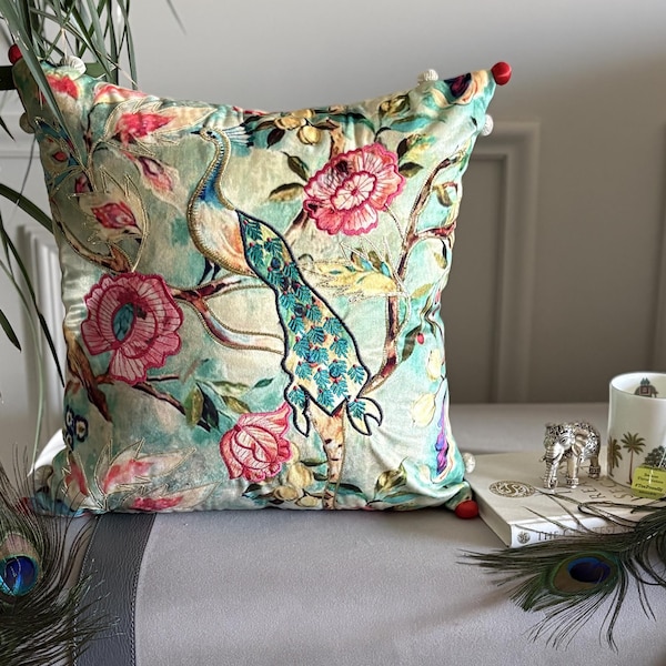 Blue / Green Printed Cotton Embroidered Floral / Bird / Peacock Pattern Contemporary Throw Pillow Cover - Maurya Elegance