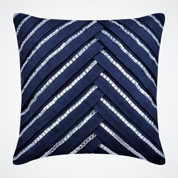 Accent Pillow-Navy Textured Stripes With Sequins 20X20