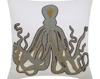 Decorative Gray Throw Pillow Cover 24"x24" / 26"x26", Cotton Linen Toss Throw Pillow Squid, Octopus Throw Pillow Sea Creatures - Grey Squid