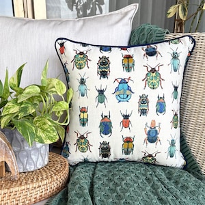 Nursery Bug Throw Pillow Cover, Embroidered Beetle Cushion Cover, Insect Decor, Nature & Tropical, Halloween Pillowcase - Creepy Crawlers