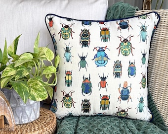 Nursery Bug Throw Pillow Cover, Embroidered Beetle Cushion Cover, Insect Decor, Nature & Tropical, Halloween Pillowcase - Creepy Crawlers