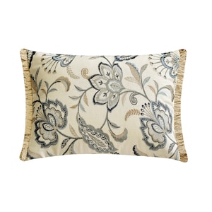 Decorative Oblong Cushion / Lumbar Pillow Cover Linen Fabric with Blue / Beige Floral Embroidery with Lace Trim Contemporary Home - Atasi