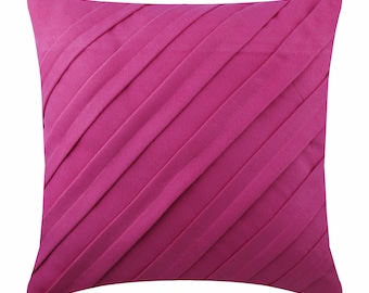 Faux Suede Fuchsia Pink Throw Pillow Cover 16"x16", Decorative Pillow Custom Pintucks, Textured, Striped Cushion Case - Contemporary Fuchsia