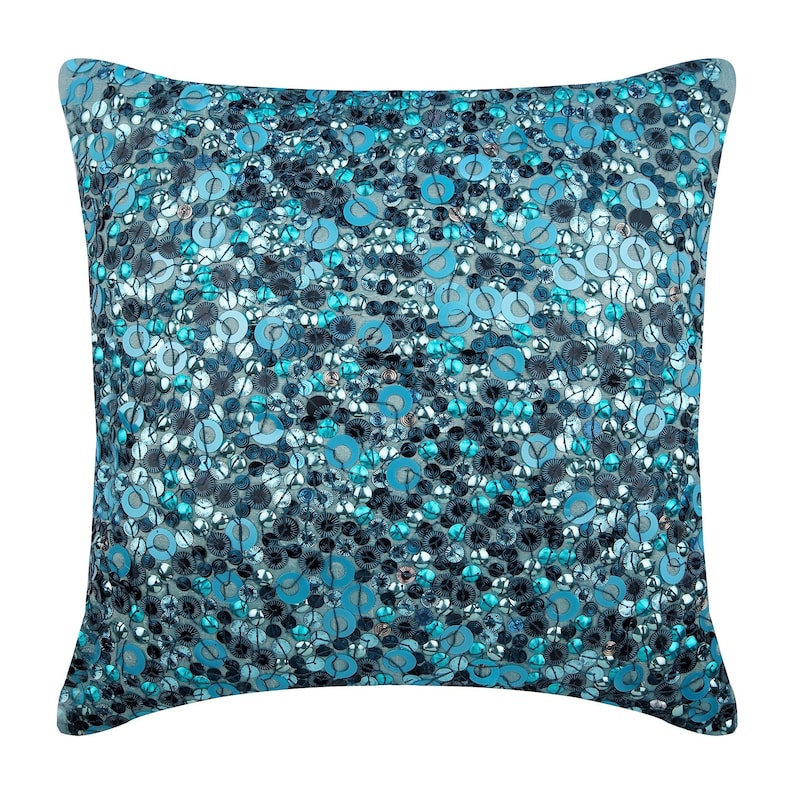 Art Silk Blue Pillow for Sofa 16x16, Decorative Sofa Cushion Cover Toss Pillows Circles Dots Pattern Modern Style Sea The Dream image 1