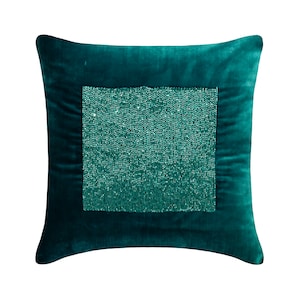 Decorative Pillow Case 16&quot;x16&quot; Teal Blue Velvet Cushion Throw Pillow Cover Beaded Modern Home Decor Style - Esquire Teal