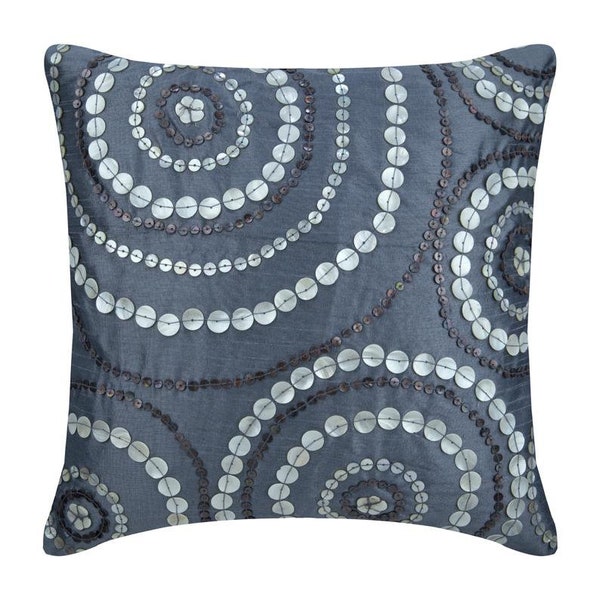 Decorative Blue Toss Pillows 16"x16", Art Silk Throw Pillow Case Mother Of Pearl Throw Pillow Cover Circles & Dots - Midnight Moon