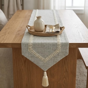 Gray / Ivory Jute, Pearl Embroidered Lace with Tassels Solid Pattern, Contemporary Table Runner - Pearl Coast