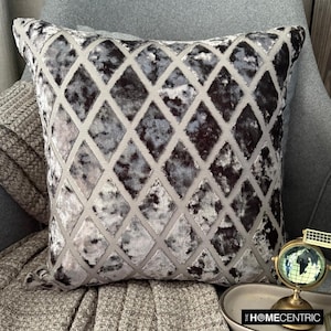 Gray Velvet Throw Pillow Cover 16x16 Inch Geometric Modern Velvet Couch Pillow, Luxe Home Decor, Gray Velvet Sofa Pillow - Rhombus Gray