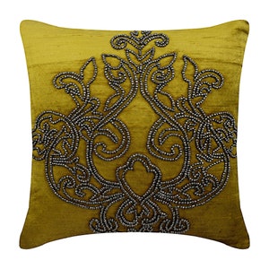 Designer Chartreuse Green Throw Pillow For Bed 24&quot;x24&quot;/26&quot;x26&quot;, Velvet Sofa Euro Sham Bed Pillow Cover Damask Pattern - Lord Medusa