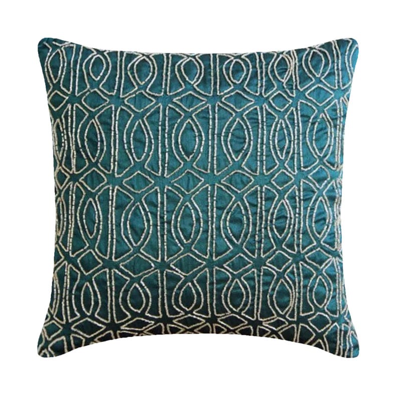 Designer Trellis, Lattice Couch Cushion Cover 16"x16", Art Silk Throw Cushion Royal Peacock Green Couch - Geometric Royal Peacock Green image 1