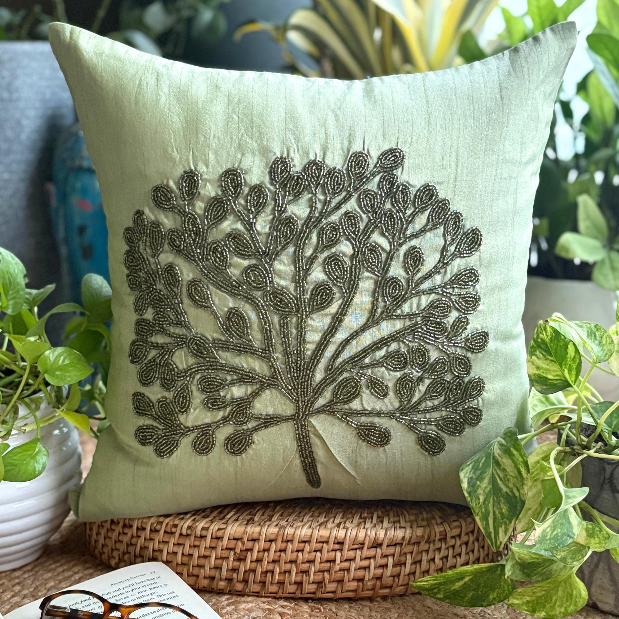 Federa Per Cuscino Decorativo In Seta Dupion, 40x40 Cm, Beige E Marrone - Ruwado, Fatto A Mano