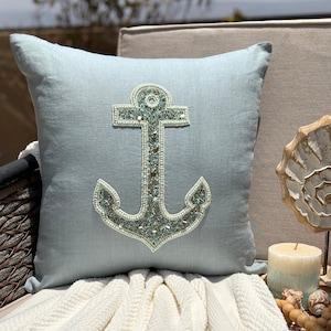 Designer Ocean Theme Euro Sham 24&quot;x24&quot; / 26&quot;x26&quot;, Dull Blue Cotton Linen Decorative Toss Euro Sham Beaded Euro Sham Beach - Lost Anchor