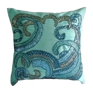 Art Silk Aqua Blue Sofa Cushion Cover 16&quot;x16&quot;, Decorative Throw Pillow Cover Waves Throw Pillow Case Abstract Mediterranean Style - Tides