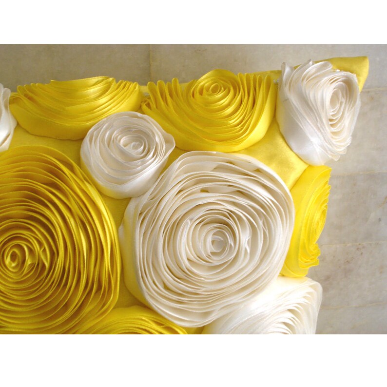 Sunny Yellow Blooms Euro Sham Cover Accent Pillow Decorative Pillow Throw Pillow 24x24 Inch Yellow Silk Pillow Sham Satin Ribbon Embroidery