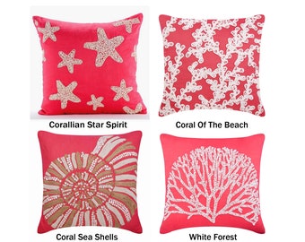 Decorative Throw Pillow Cover, Coral Pink Cotton Linen Pillow Cover with Jute & Bead Embroidery, Sea Creature Themed Pillow Collection