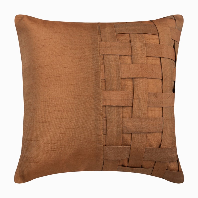 Decorative Pintucks, Textured Pillow Cover 16x16, Art Silk Toss Pillow Cover Gold Brown Toss Cushion Striped Gold Brown Bricks image 1