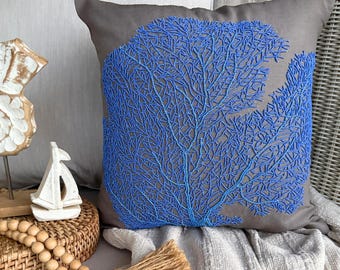 Cotton Linen Beaded Blue Decorative Pillow Sham, 24x24/26x26, Beach Style Euro Sham, Square Pillowcase - Royal Blue Sea Weeds