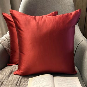 Pack of 2 Deep Red Slub Satin Throw Pillow Covers, Solid Cushion Cover - Deep Red Slub Satin