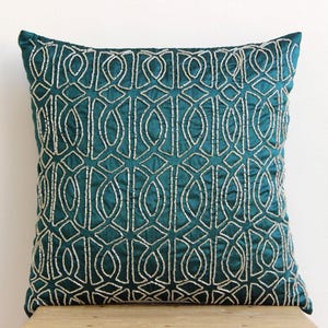 Designer Trellis, Lattice Couch Cushion Cover 16"x16", Art Silk Throw Cushion Royal Peacock Green Couch - Geometric Royal Peacock Green image 6