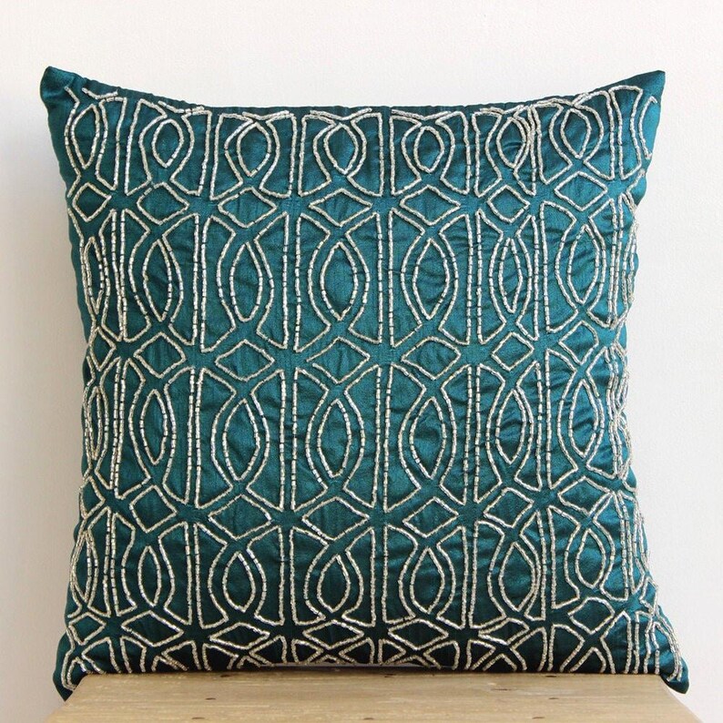 Designer Trellis, Lattice Couch Cushion Cover 16"x16", Art Silk Throw Cushion Royal Peacock Green Couch - Geometric Royal Peacock Green image 6