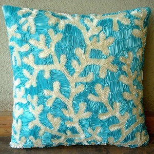 16x16 Handmade Aqua Blue Sofa Cushion Cover, Art Silk Throw Pillow Cover Corals Throw Pillow Case Sea Creatures Beach Aqua Ornate image 3
