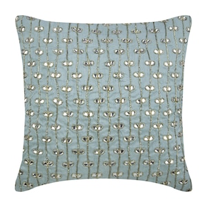 Taie d'oreiller de créateur à fleurs, cristaux bleu clair 24 x 24 po/26 x 26 po., soie artistique, housse de coussin pour canapé, coussin de lit - Boutons d'or en cristal