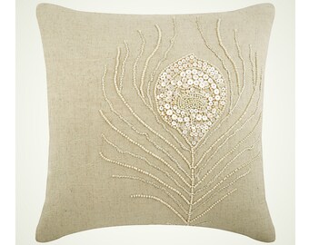 Cotton Linen Beige Sofa Pillow Cover 16"x16", Designer Throw Pillow Cover Peacock Feather, Art Deco Throw Pillow - Pearly Peacock Feather