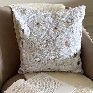 White Art Silk Ribbon Embroidered Nature & Floral Pillow Sham, 24x24 / 26x26 Modern Rose Euro Sham - White Heaven