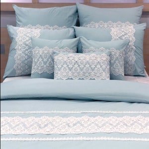 King, Queen and Twin Size Blue Decorative Duvet Cover Set, Cotton Lace Embroidery, French Toile Contemporary - Lace Breeze