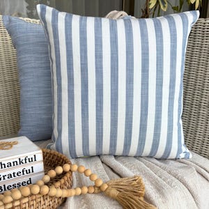 Striped Throw Pillow Cover 16x16 Inch Cotton Blue Stripes Pillow, Country and Farmhouse Pillows, Nursery Pillow - Stripe Plush Blue