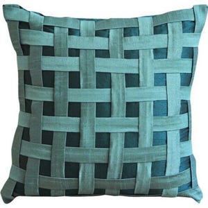Designer Teal Blue Pillow Case 16&quot;x16&quot;, Art Silk Pillow Cover Checkered, Basket Weave, Texture Throws - Peacock Green N Teal Basket Weave