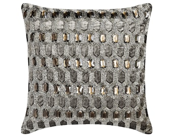 Decorative Grey Pillow Cover 16x16 Inch Velvet Cushion Throw Pillow Cover Geometric with Crystals & Bead Modern Home Décor - Jewel Sparkler