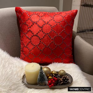 Decorative Red Sofa Cushion Cover 16&quot;x16&quot;, Velvet Throw Pillow Cover Trellis, Lattice Throw Pillow Case Geometric - Red Velvet Crystal