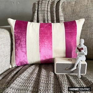 Decorative Oblong / Lumbar Throw Pillow Cover Light And Fuchsia Pink Velvet / Linen Broad Stripe Patchwork Pillow Modern Decor - Swathe Pink