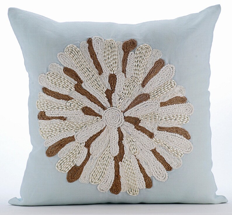 Square Beaded /& Jute Dahlia Flower Pillows Cover Flower Bud 24x24 Cotton Linen Pillows Cover Light Blue Pillow Sham Covers For Couch