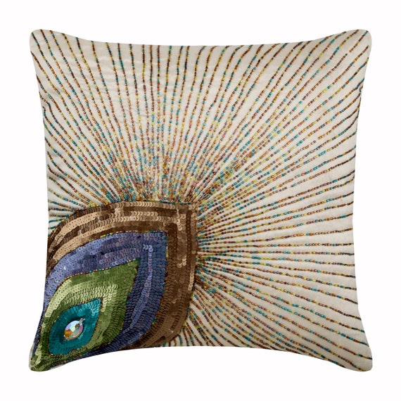 Decorative Peacock Feather Ivory Euro Size Pillow Cover 24x24