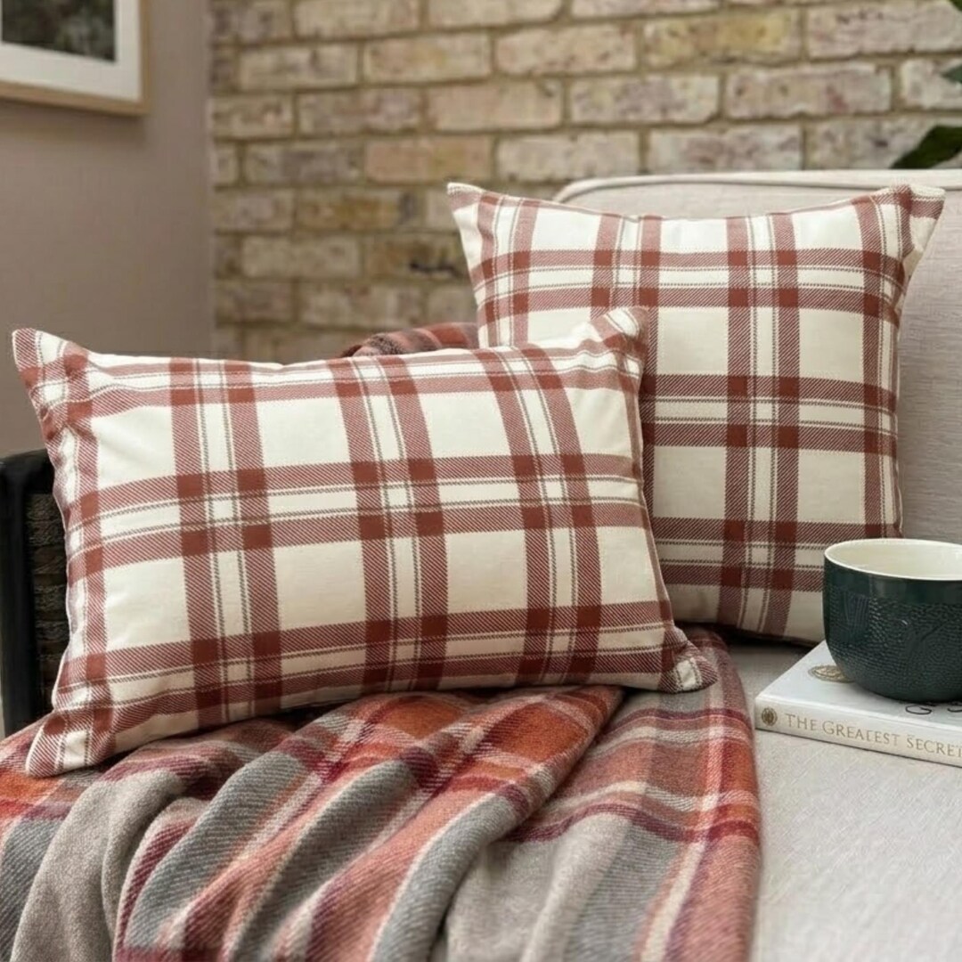 Vintage Red Plaid Velvet Pillow Cover, Checkered Pattern Cushion