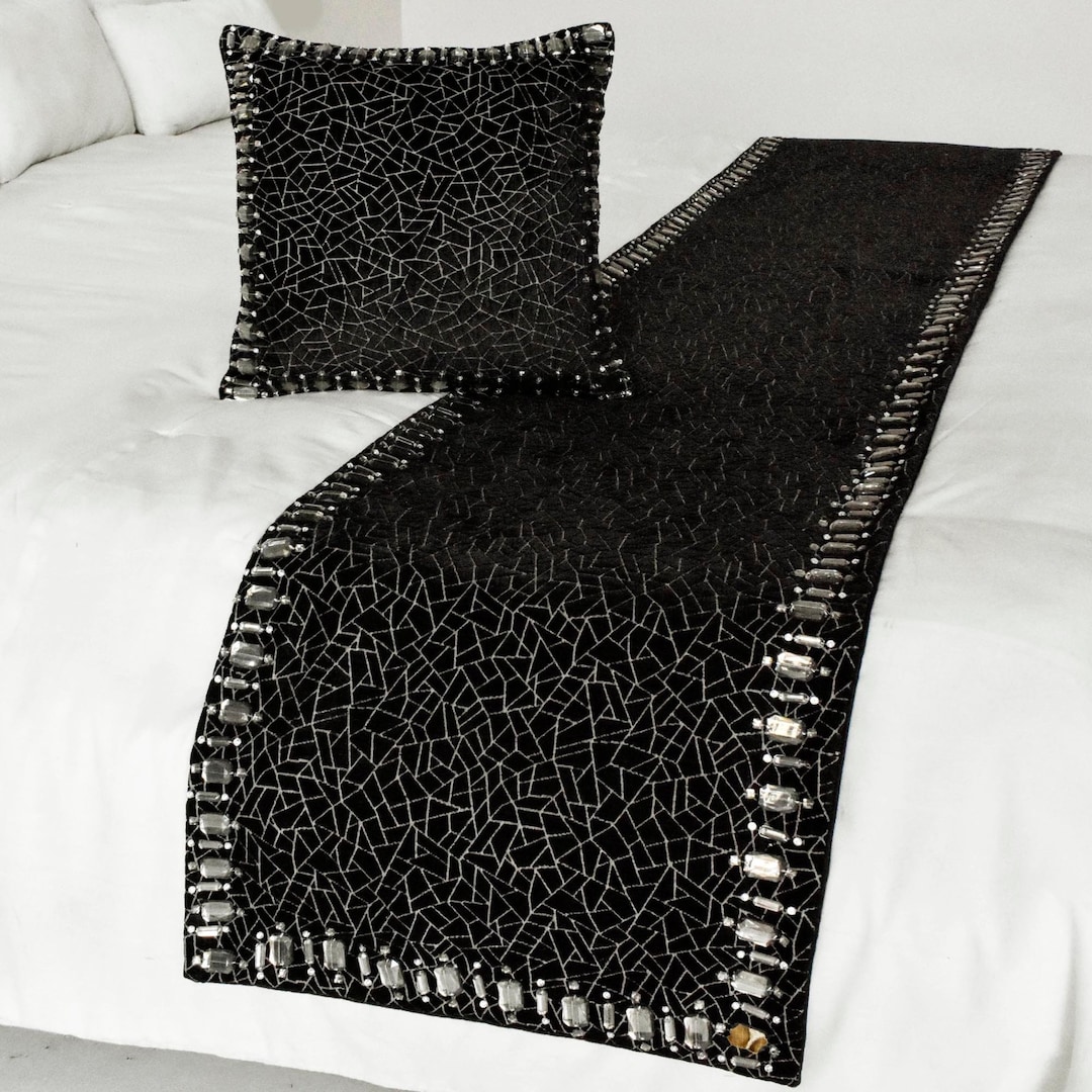 King / Queen / Twin Black Bed Runner and Matching Pillow Cover Set in