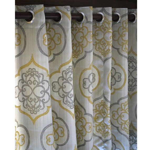 Pair Of Geometric Light Gold Damask Curtain Panels 26 X84 Grommet Drapes Window Treatments Bedding Bedroom Home Decor Home