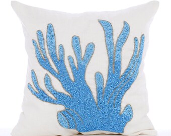 16"x16" Decorative Aqua Blue Toss Throw Pillow, Cotton Linen Cushions Coral Pillow for Sofa Sea Creatures Beach Style - Coral Treasure