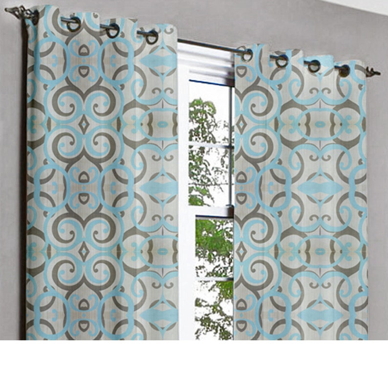 Aqua Scrolls Grommet Blackout Lined Curtain in Textured Jacquard Weave Fabric Decor Housewares Window Treatment Drapes Curtain Panels
